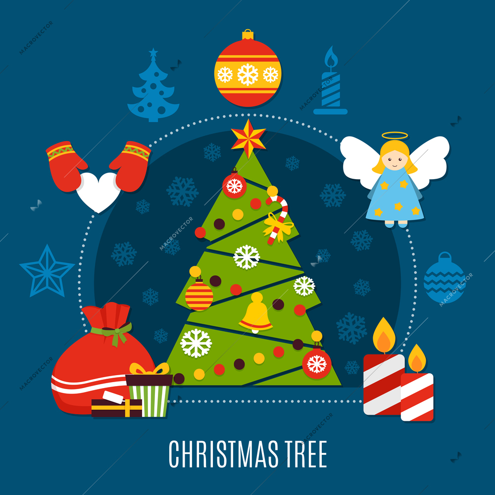 Christmas tree with star, baubles, lights, candles and gifts flat composition on dark blue background vector illustration