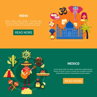 Horizontal travelling banners set with indian and mexican landmarks characters and symbols flat isolated vector illustration