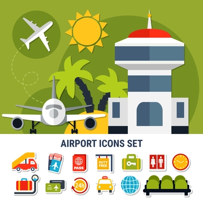 Air travel flat banner with airport traffic control tower and passengers service symbols icons set vector illustration