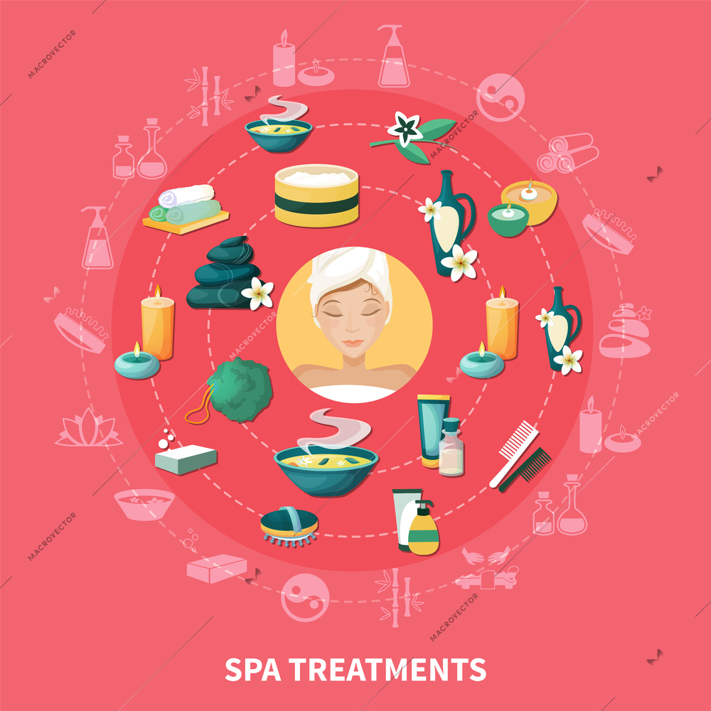 Spa wellness resort treatments and services symbols circle composition with aromatherapy stone massage medicinal baths flat vector illustration