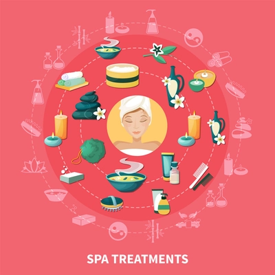 Spa wellness resort treatments and services symbols circle composition with aromatherapy stone massage medicinal baths flat vector illustration