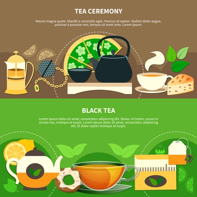 Set of horizontal banners with black tea, cups and teapots for ceremony, green leaves isolated vector illustration