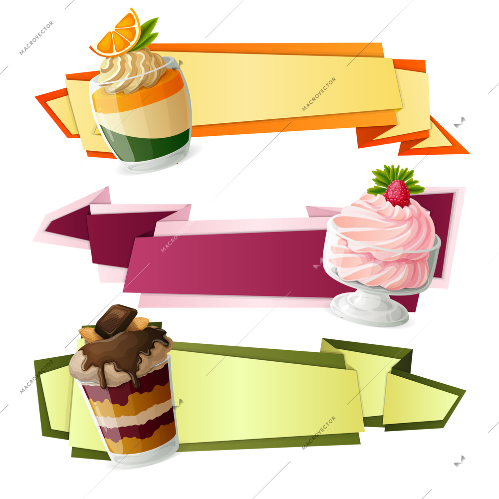 Decorative sweets food paper banners set with raspberry cream citrus jelly dessert isolated vector illustration