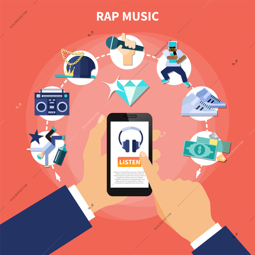 Rap music listening on smartphone flat composition with accessories of rapper on orange background vector illustration