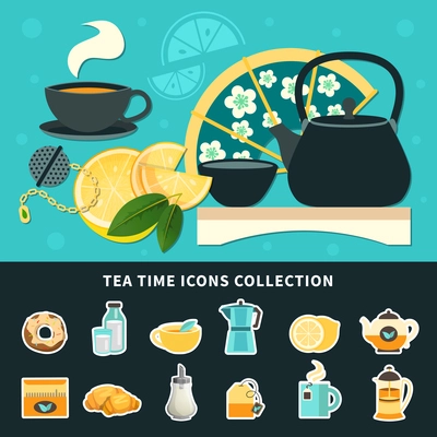 Tea time icons collection with cups, pots, fan, sugar, milk, lemon and green leaves isolated vector illustration