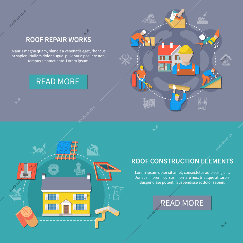 Two horizontal roofer banner set with roof repair works and construction elements headlines vector illustration