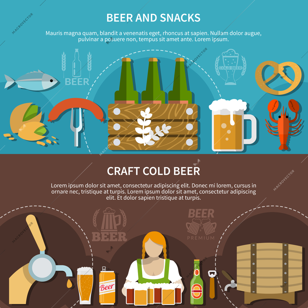 Flat design horizontal banners set with cold lager beer and various snacks isolated vector illustration