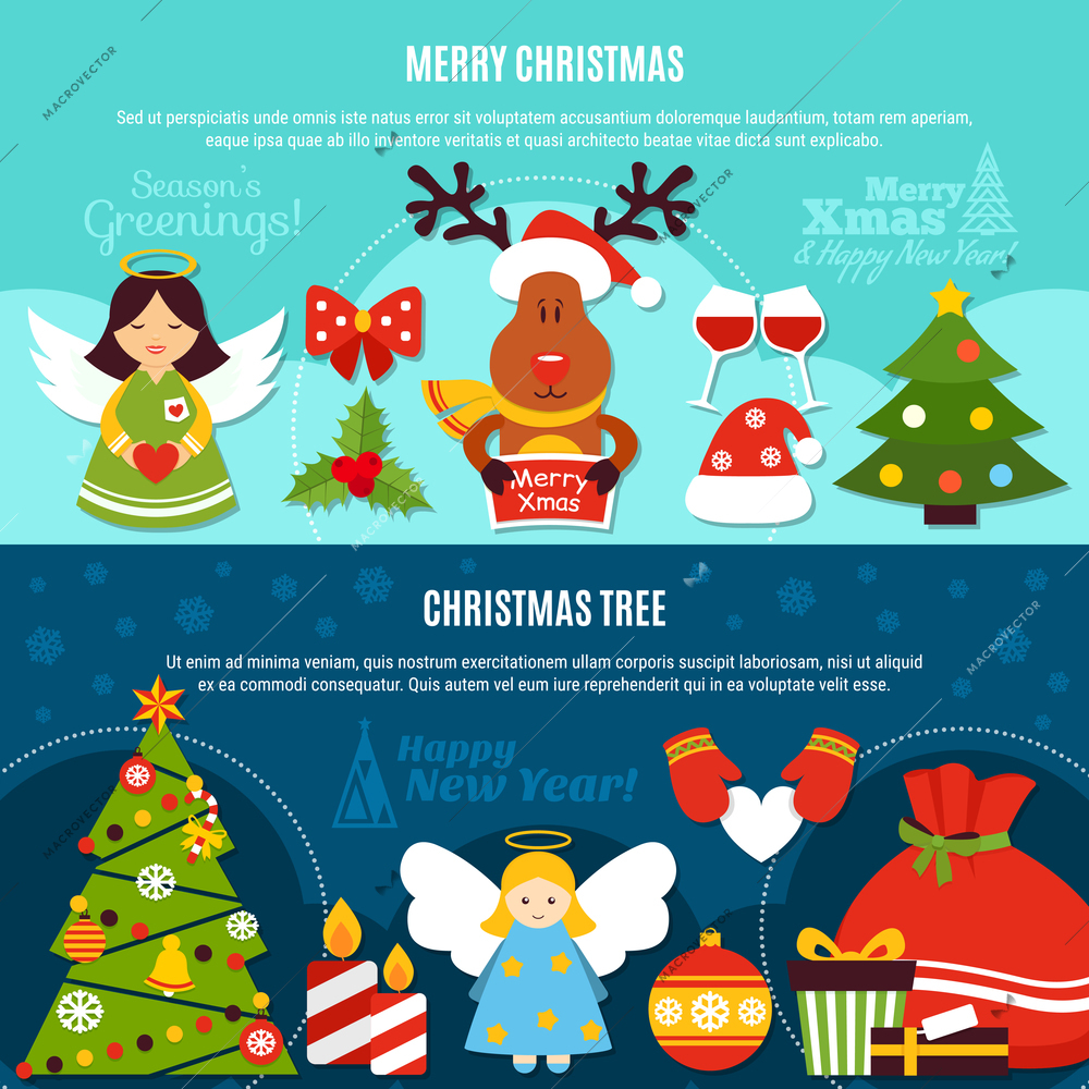 Horizontal flat banners with greetings, christmas decorations, xmas tree on light and dark background isolated vector illustration