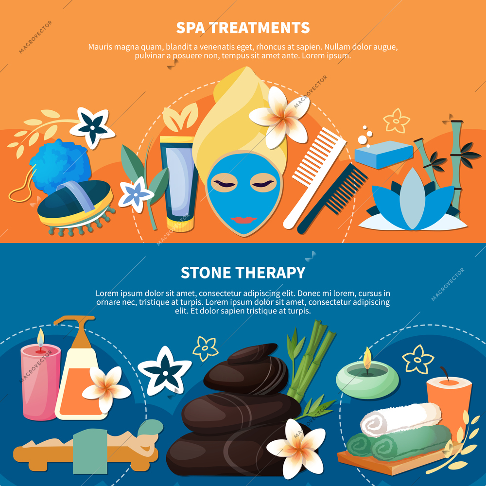 Spa health treatments with seawater baths hot stone and river rock massage 2 flat banners vector illustration