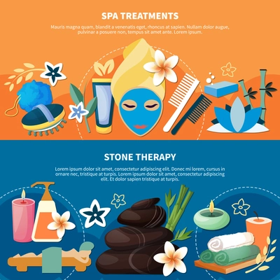 Spa health treatments with seawater baths hot stone and river rock massage 2 flat banners vector illustration