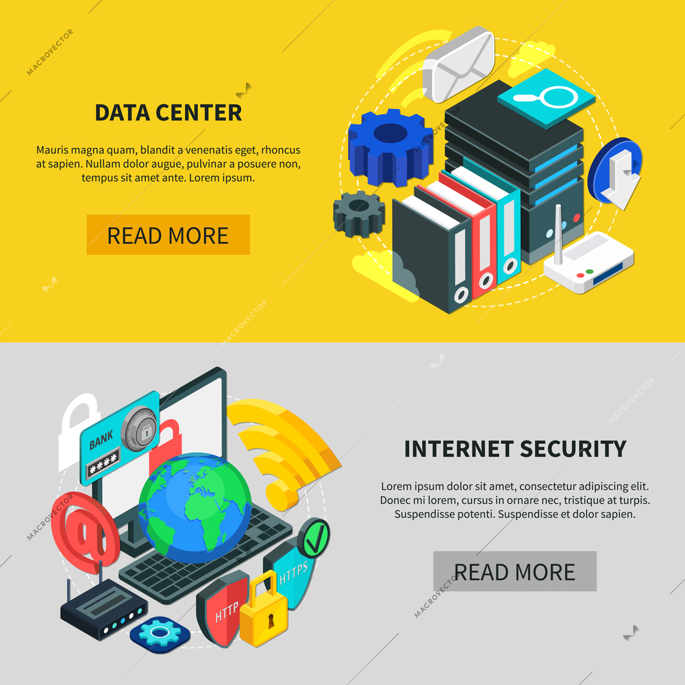 Cloud services horizontal banners with data center and Internet security isometric compositions 3d vector illustration