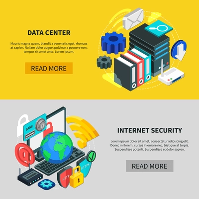 Cloud services horizontal banners with data center and Internet security isometric compositions 3d vector illustration