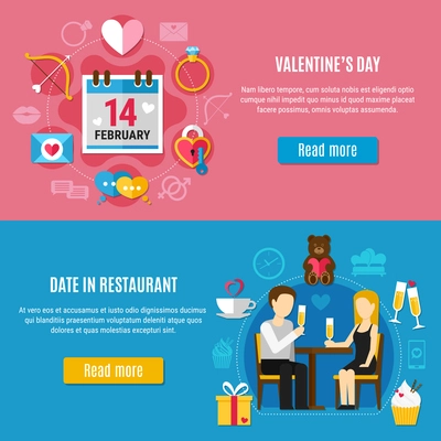 Two horizontal colored and flat valentines day banner set with date in restaurant description and read more button vector illustration