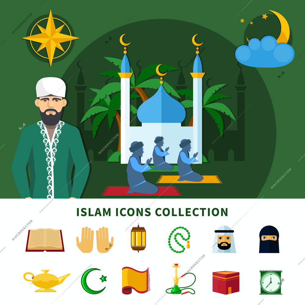 Religions flat icon set composition with isolated icons collection about Islam religion vector illustration