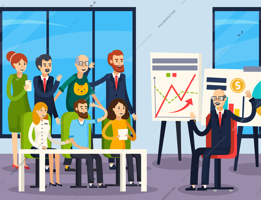 Business coaching orthogonal background with expert and emotional employees during seminar in conference room flat vector illustration