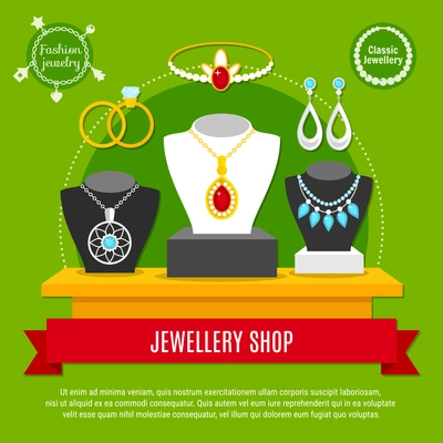 Classic and fashion jewelry decorations shop with necklaces, engagement rings, diadem, composition on green background vector illustration