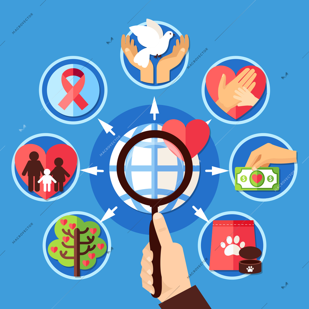 Charity concept with image of human hand holding magnifying lens with love support and donation pictograms vector illustration