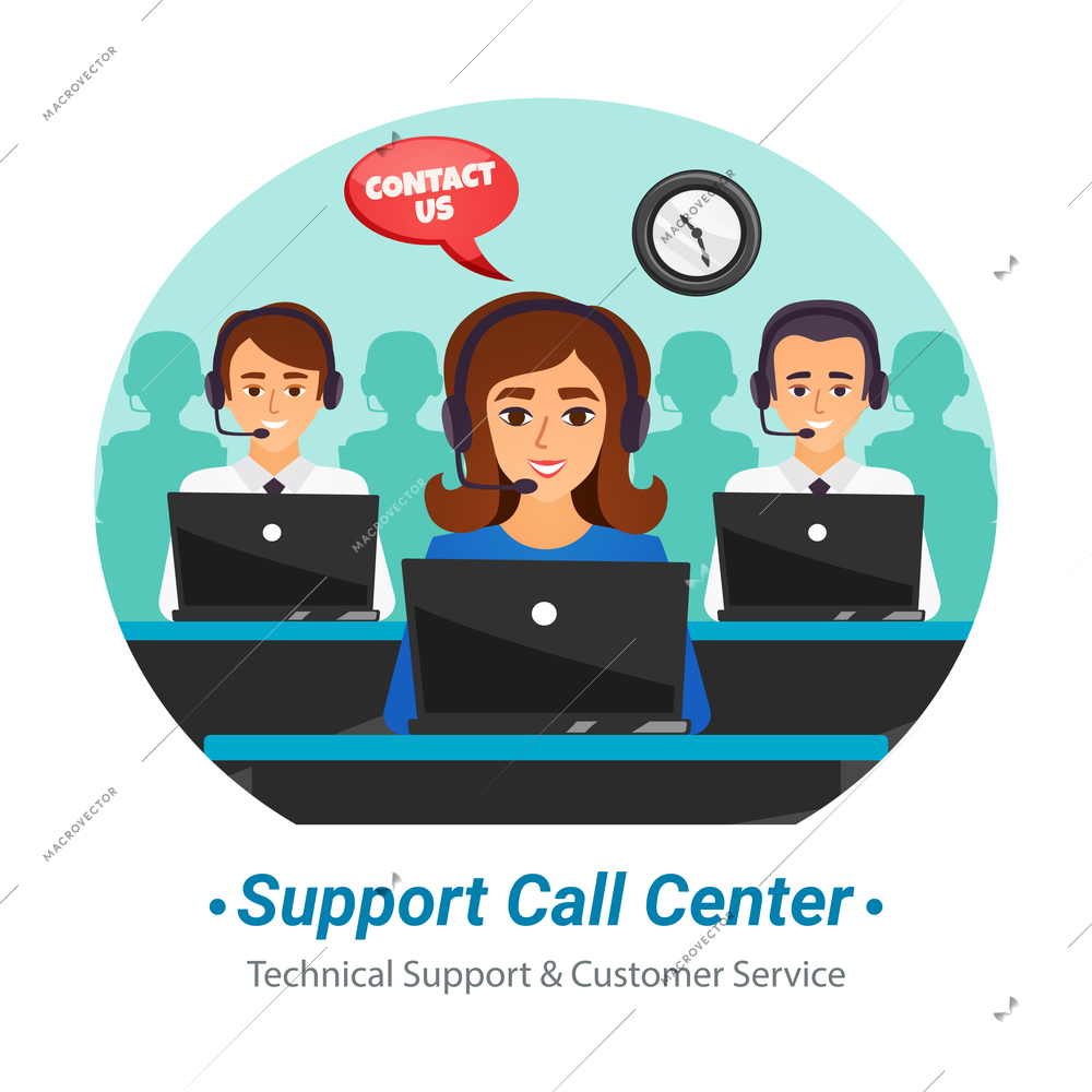 Technical support customer service call center operators at work round flat composition advertisement poster vector illustration