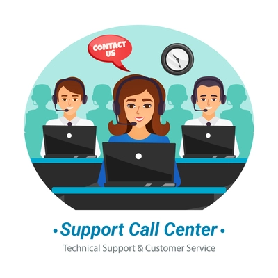 Technical support customer service call center operators at work round flat composition advertisement poster vector illustration