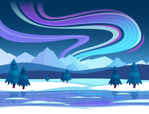 Winter and northern lights composition with snow landscape and sky flat vector illustration