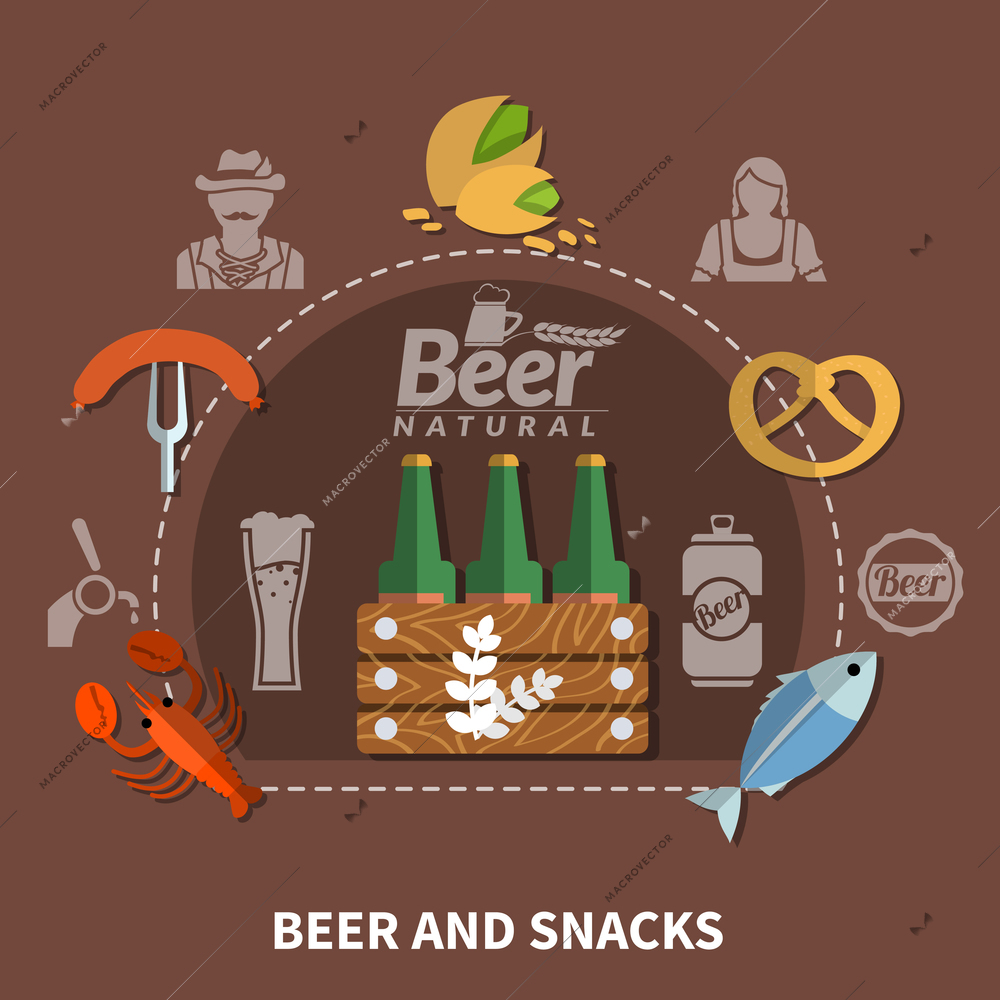 Bottles of natural beer and various snacks on dark background flat vector illustration