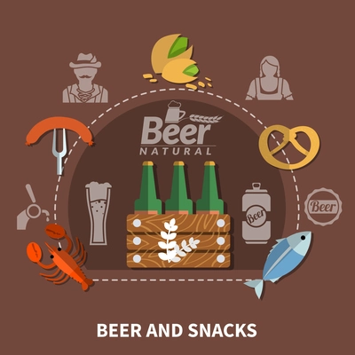 Bottles of natural beer and various snacks on dark background flat vector illustration