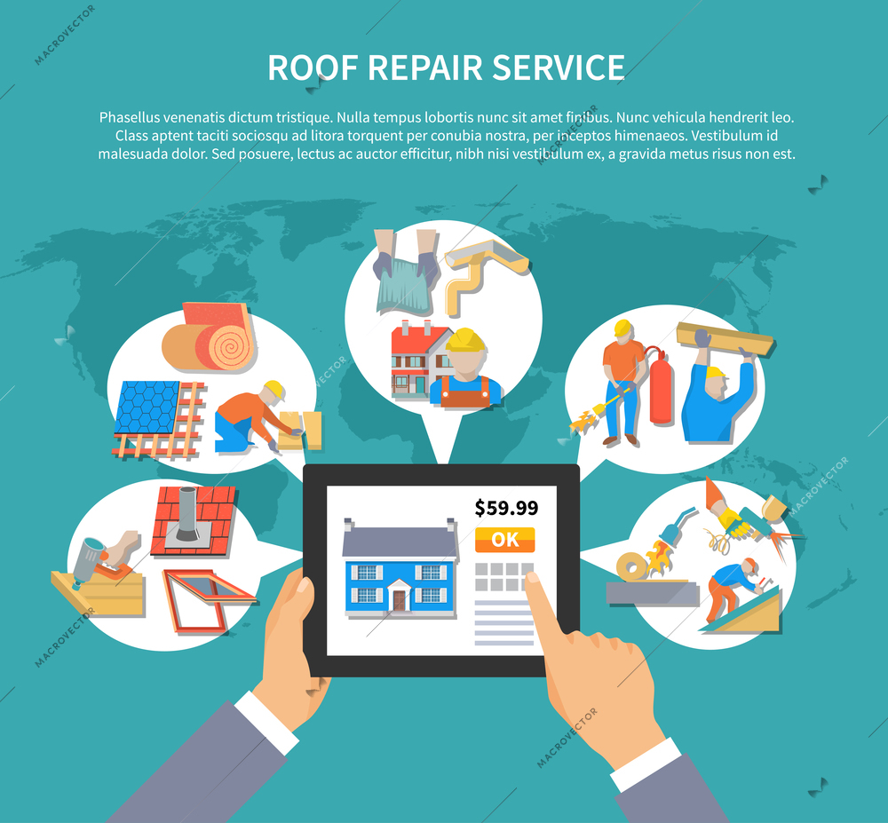 Roofer colored flyer with roof repair service description and place for text vector illustration