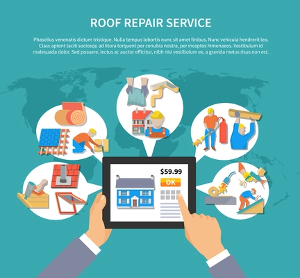 Roofer colored flyer with roof repair service description and place for text vector illustration