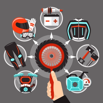 Bike icons in circle design with tire engine muffler spark accumulator pistons and biker gear flat vector illustration