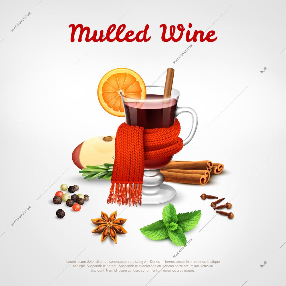 Mulled wine design concept set of wineglass tied warm scarf orange slice and spice rack realistic vector Illustration