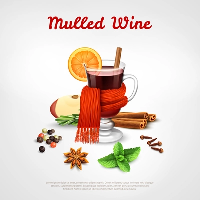 Mulled wine design concept set of wineglass tied warm scarf orange slice and spice rack realistic vector Illustration