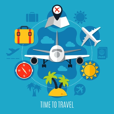 Vacation air travel advertisement poster with flat colorful aircraft luggage tropical palms sun compass symbols vector illustration