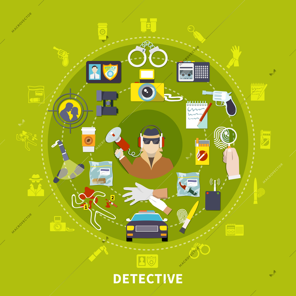 Detective round composition with detective and his working tools and things for work vector illustration