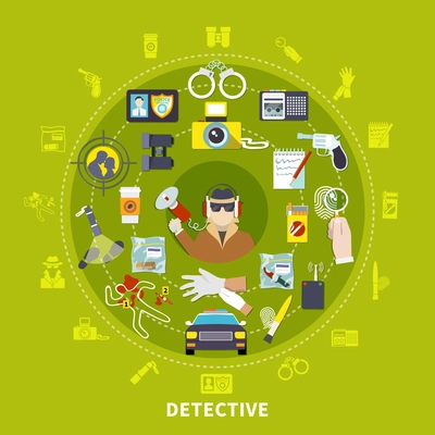Detective round composition with detective and his working tools and things for work vector illustration
