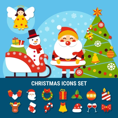 Set of christmas icons with year tree, snowman on sleigh, angel, santa, holiday decorations isolated vector illustration