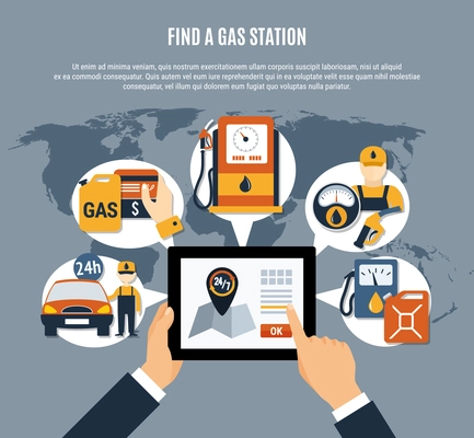 Fuel pump poster with find a gas station description and online search on tab vector illustration