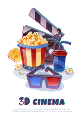 3D cinema cartoon composition with film roll, glasses, popcorn with drink, clapper and tickets vector illustration