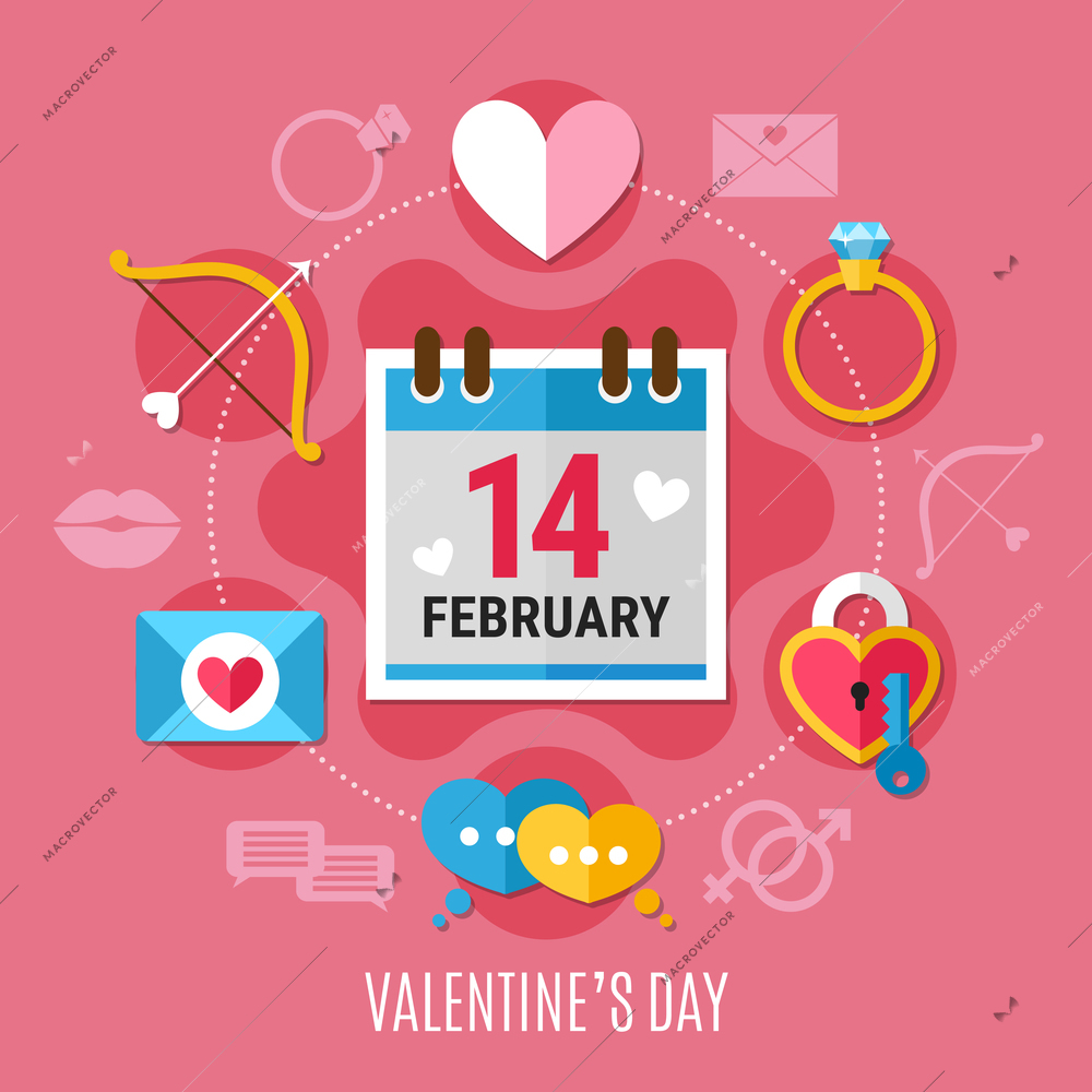 Colored and flat valentines day composition with romantic elements around this date vector illustration