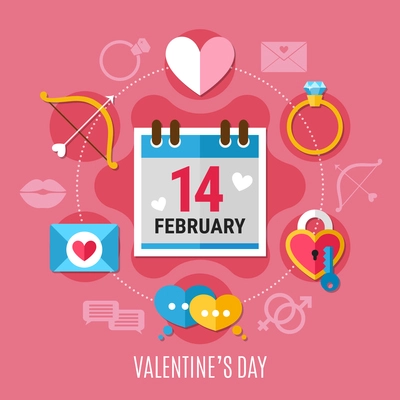 Colored and flat valentines day composition with romantic elements around this date vector illustration