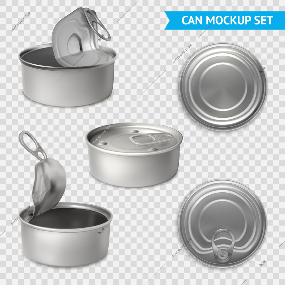 3d can mockup transparent set with text and isolated images of preserve tins with key opening vector illustration