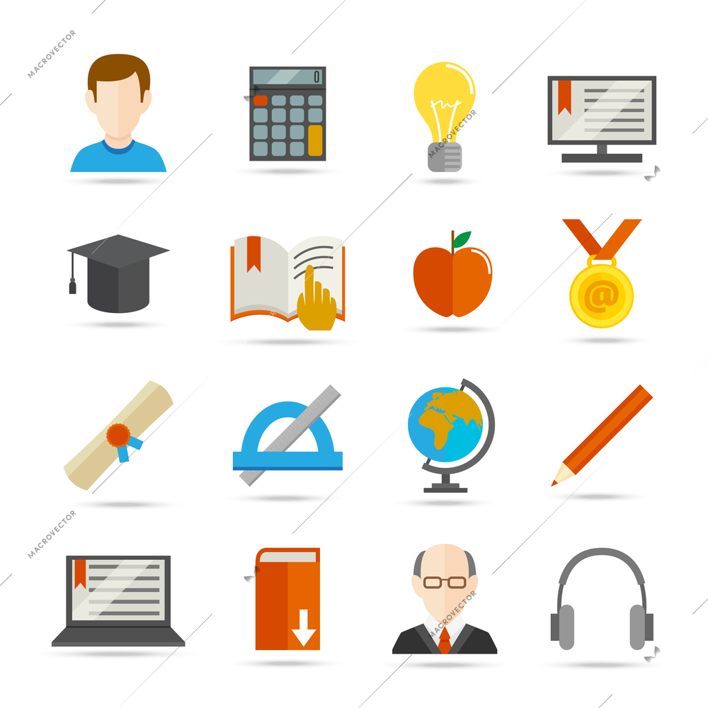 Education school university e-learning flat icons set with graduation science computer elements isolated vector illustration