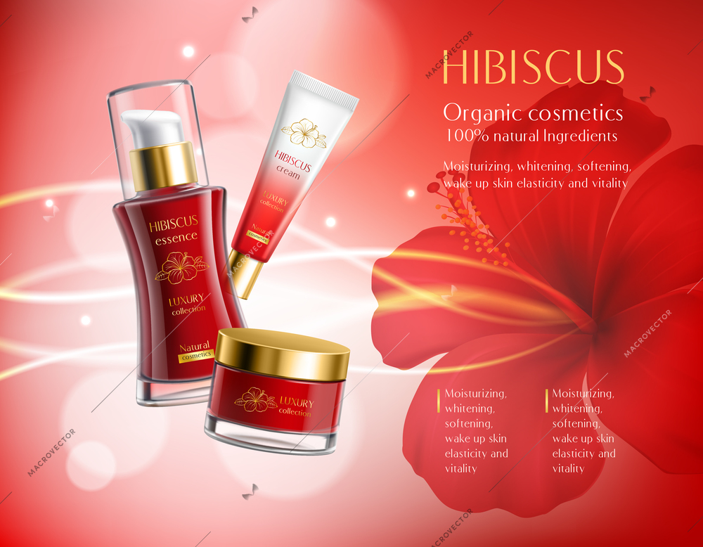 Cosmetics products with hibiscus luxury collection composition on red blurred background with flower and sparkles vector illustration