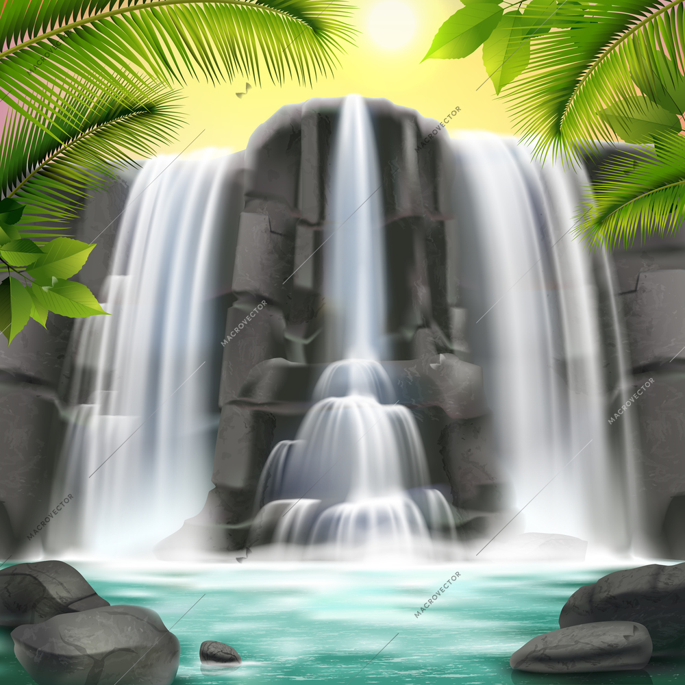 Realistic waterfall background with water rocks sky and trees vector illustration