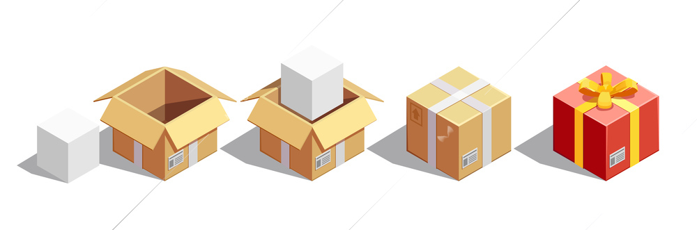 Delivery isometric collection of isolated square carton images pasteboard box for sending and festive gift box vector illustration