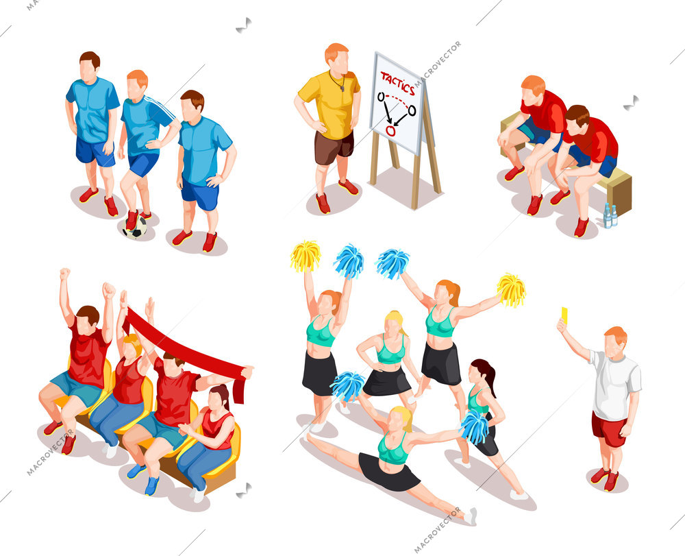 Sport teamwork championship competition with human characters of football players fans cheerleaders field judge and coach vector illustration