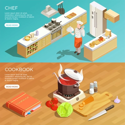 Set of horizontal cooking banners with isometric image compositions kitchen interior furniture with read more button vector illustration