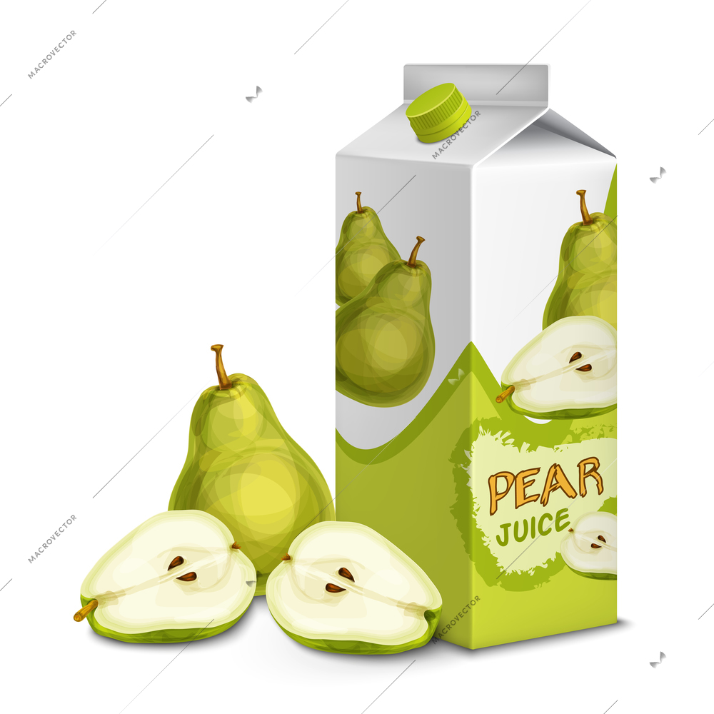 Juice carton cardboard box pack 3d with whole and cut sweet pear isolated vector illustration