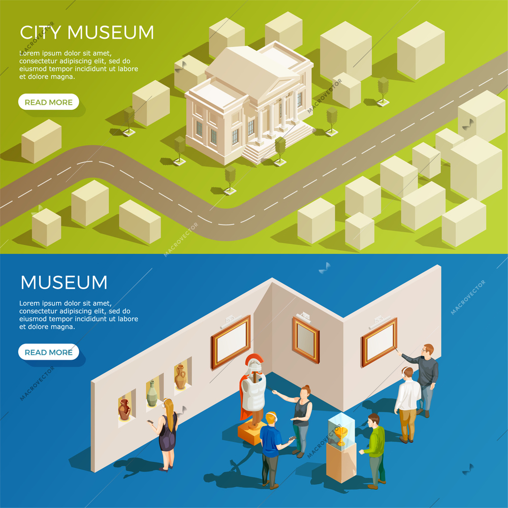 Museum banner isometric collection with simplified urban scenery and antique exhibition space with read more button vector illustration