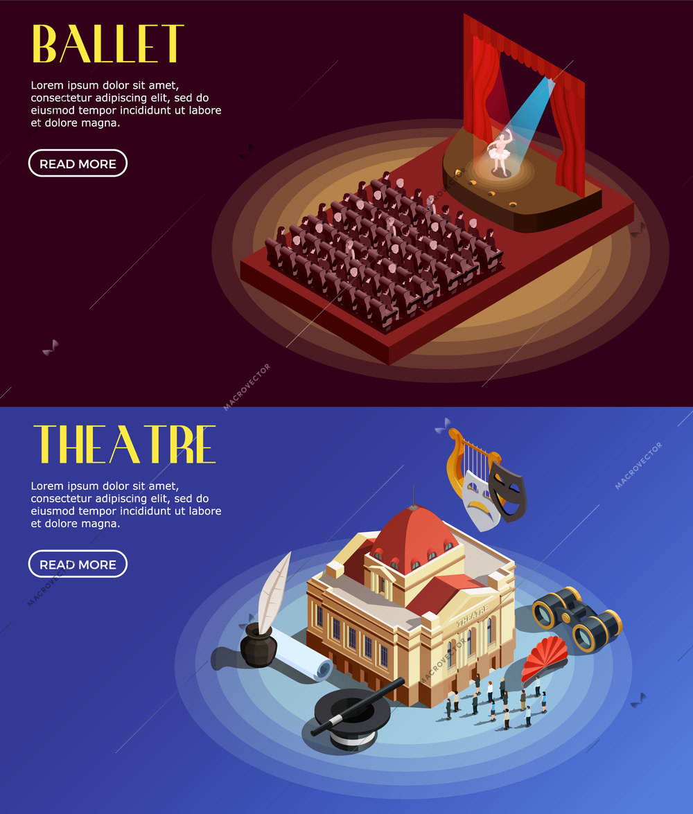 Theatre banner isometric set of horizontal opera and ballet compositions with text and read more button vector illustration