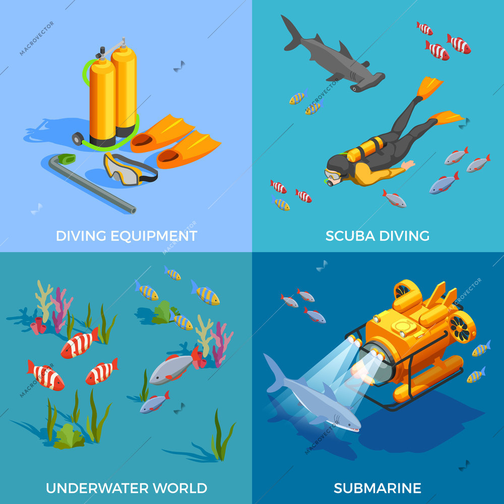 Scuba diving snorkelling isometric design concept with four compositions of submarine diving equipment and fishes images vector illustration